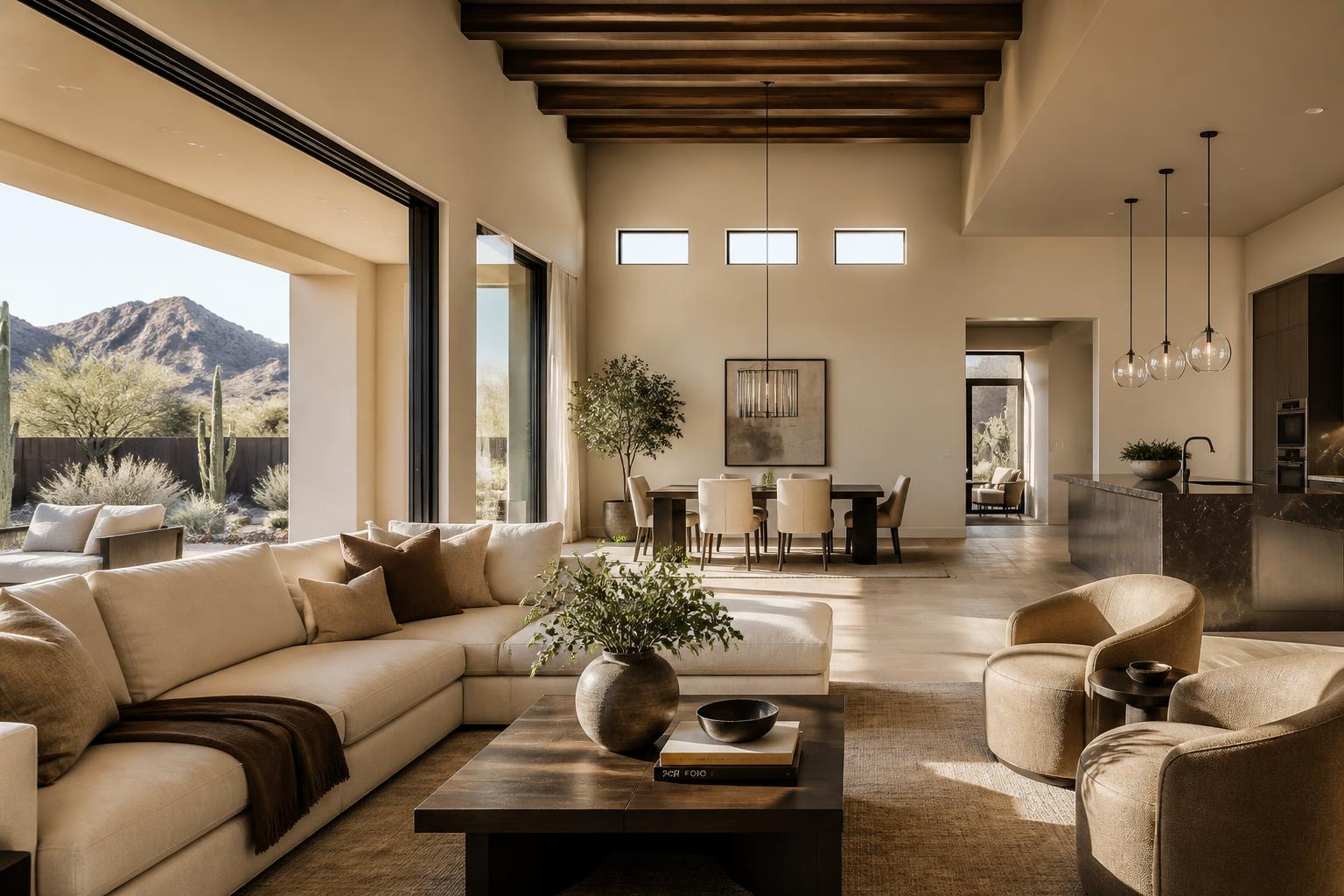 Sunlit open-concept Scottsdale desert home with warm stone and wood finishes